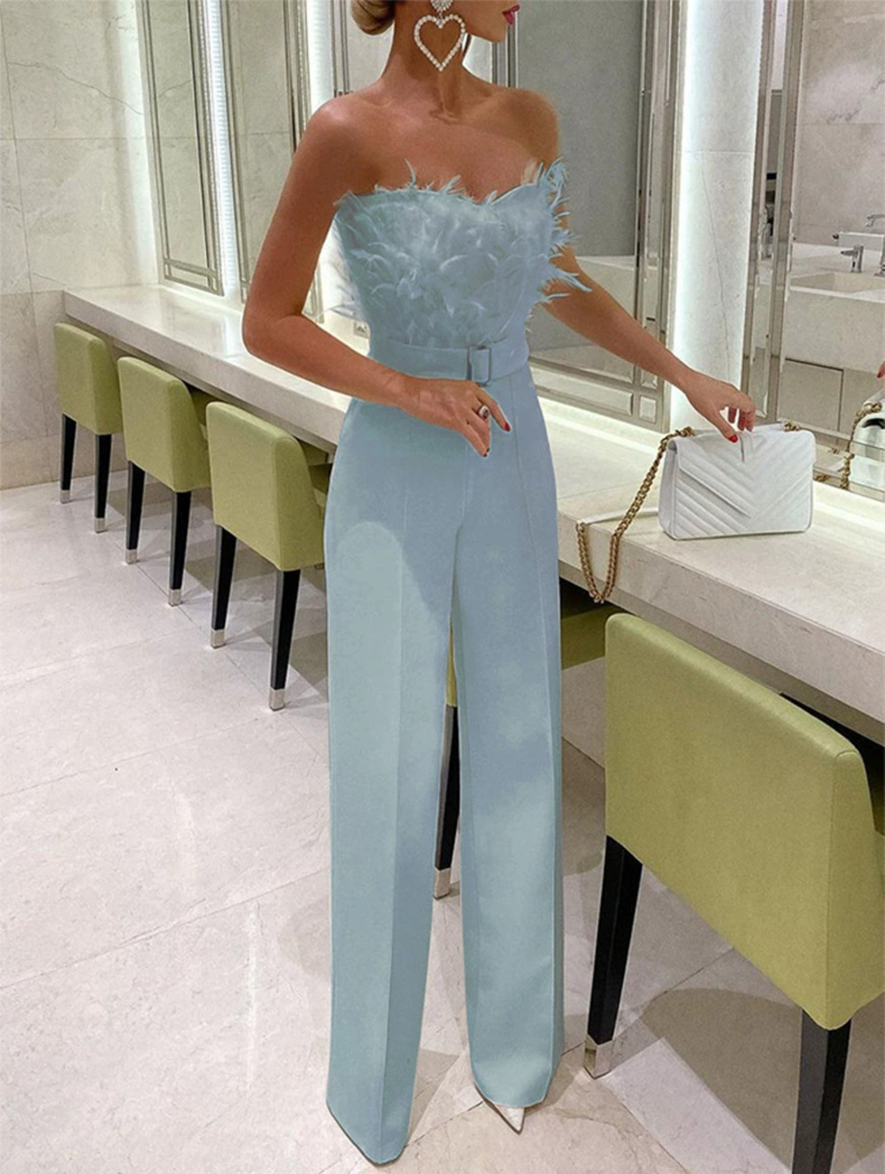 ZARA Feather Trim Strapless Sexy Fashion Jumpsuit for Women Spring Summer
